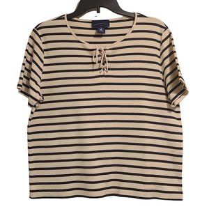 Charter Club Classics Womens Short Sleeve Shirt Cream Navy Blue Striped Size XL